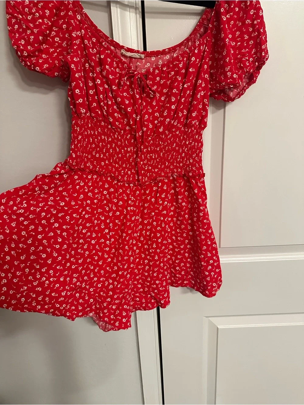 Altar'd State Red Floral Puff-Sleeve Romper Shorts